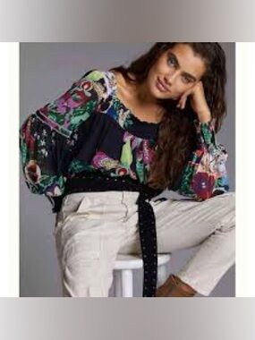 Anthropologie Black Blouse with Multicolor Floral Print